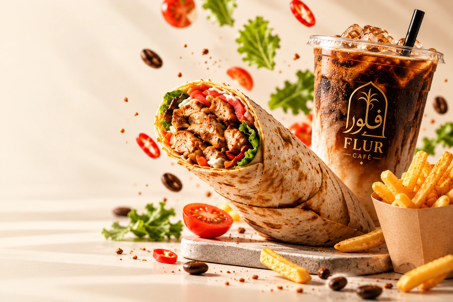 FLUR chicken shawarma with iced coffee